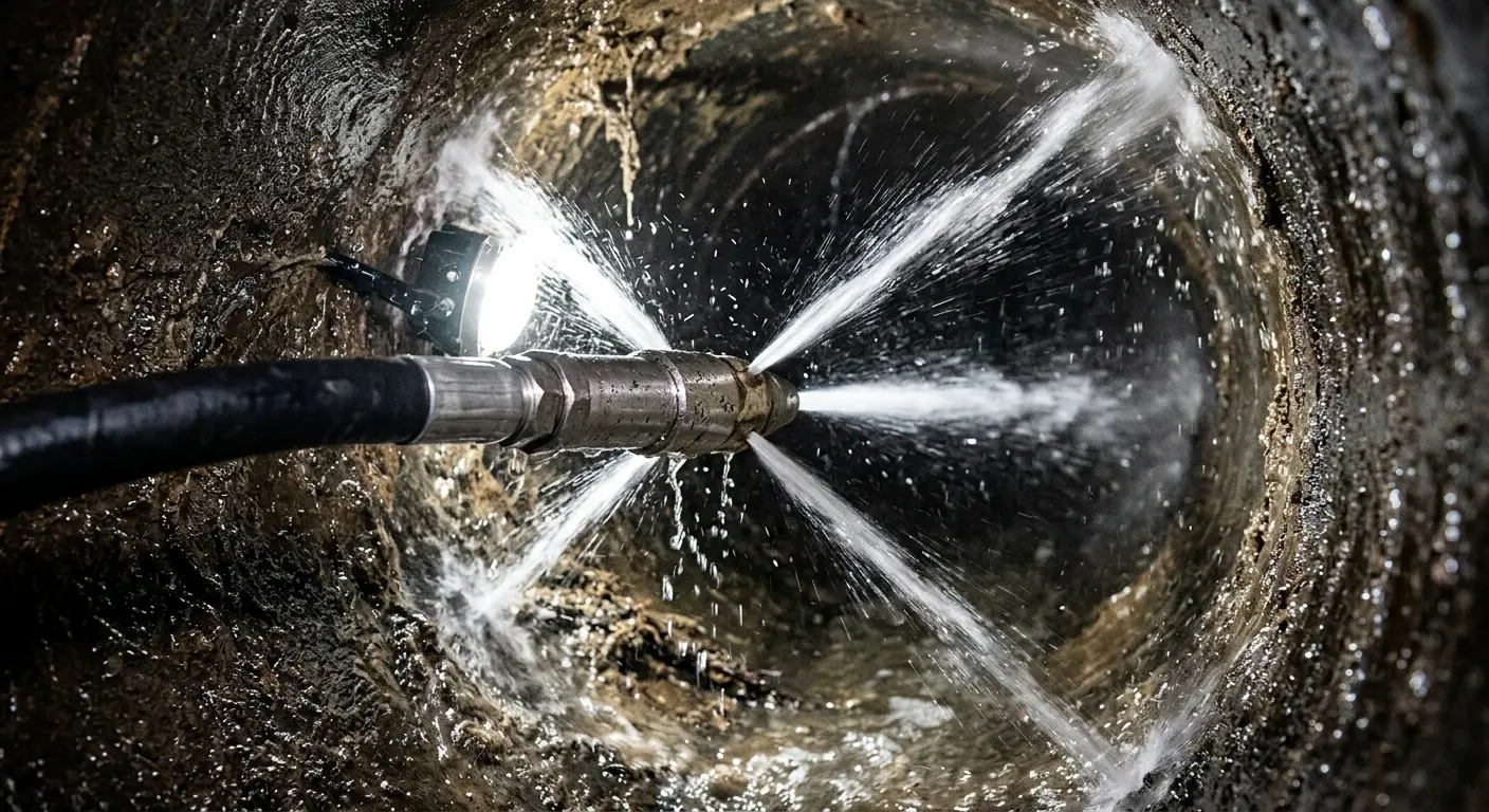 High-pressure hydro jetting nozzle cleaning sewer pipe for Emergency Drain Service in Elmira