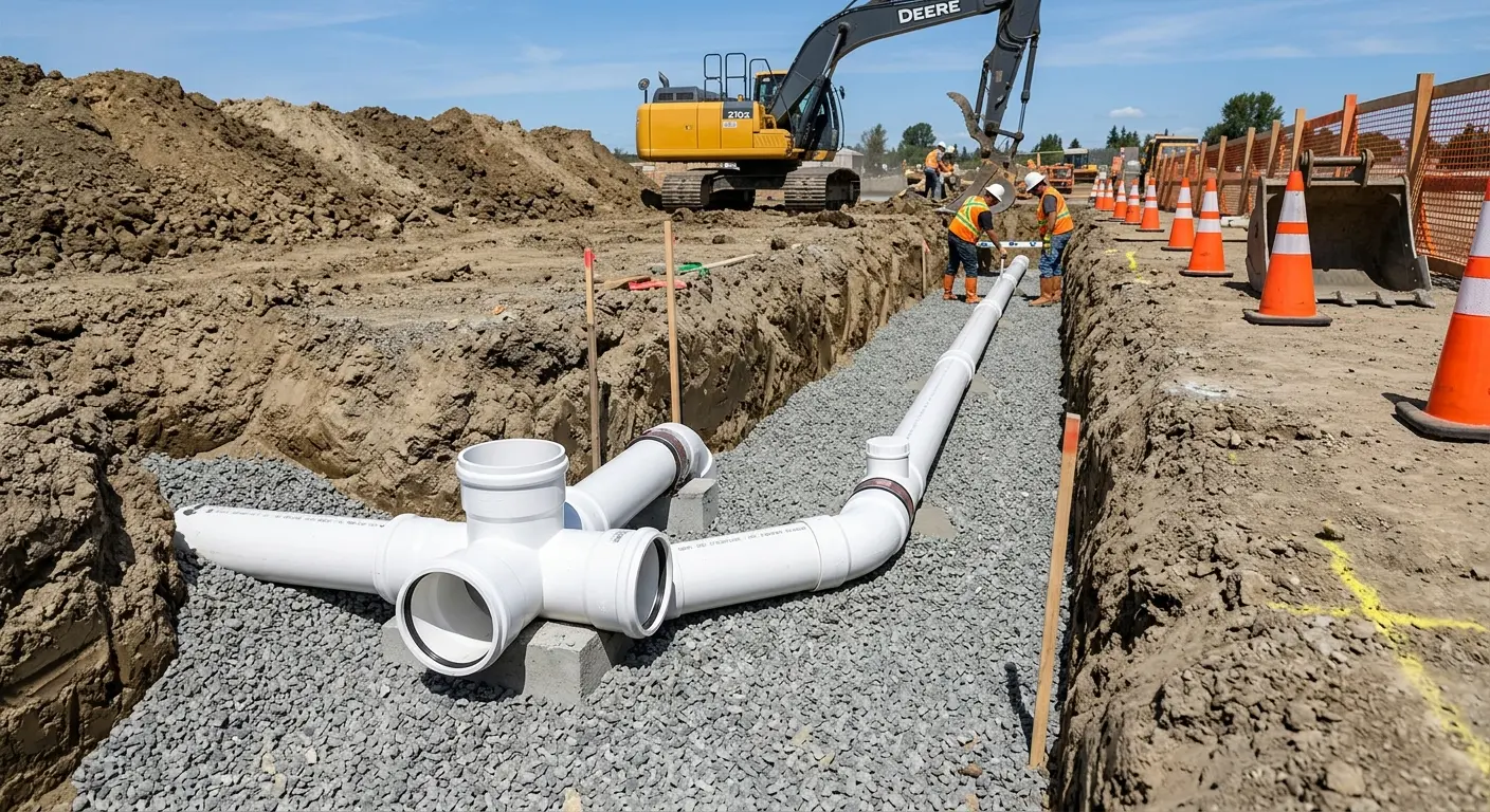 New PVC sewer pipe installation in open trench for Commercial Drain Cleaning in Elmira
